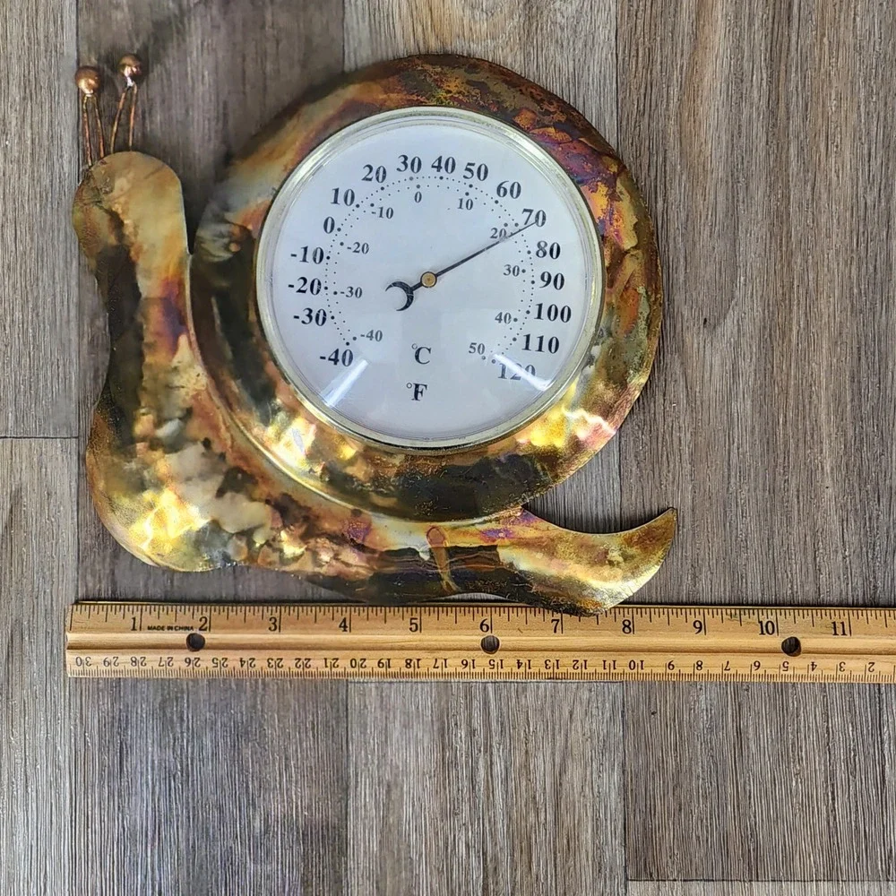 Vintage Metal Snail Wall Thermometer Copper Tone Iridescent Garden Decor 8.5